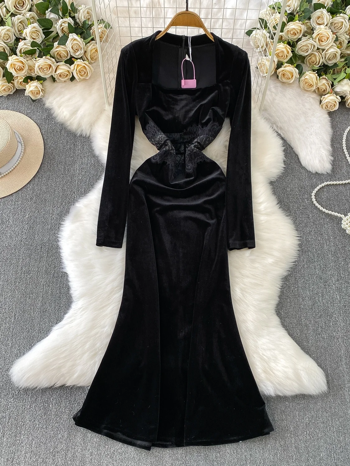 Hebe Sle Ele Velluto Wrap Dr con giunture in pizzo Inverno Slim Fit Fi Tail Abito a vita alta Lungo Sve Ci Pendolarismo Dr