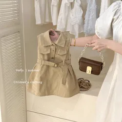 2024 Summer Girls 2-8 Years Casual Sleeveless Cotton Dress with Belt