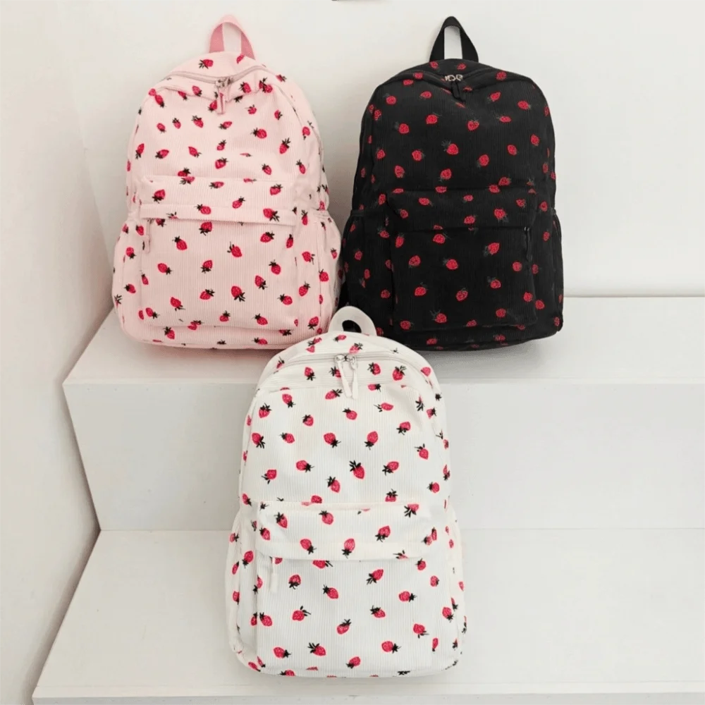 Strawberry Corduroy Backpack Solid Color Lightweight Students School Bag Large Capacity Portable Students Daypack Work
