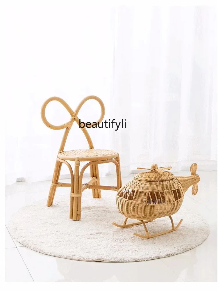 

07Handmade Vine Woven Chair Natural Real Rattan Chair Small Size Dining Chair Artistic Cute