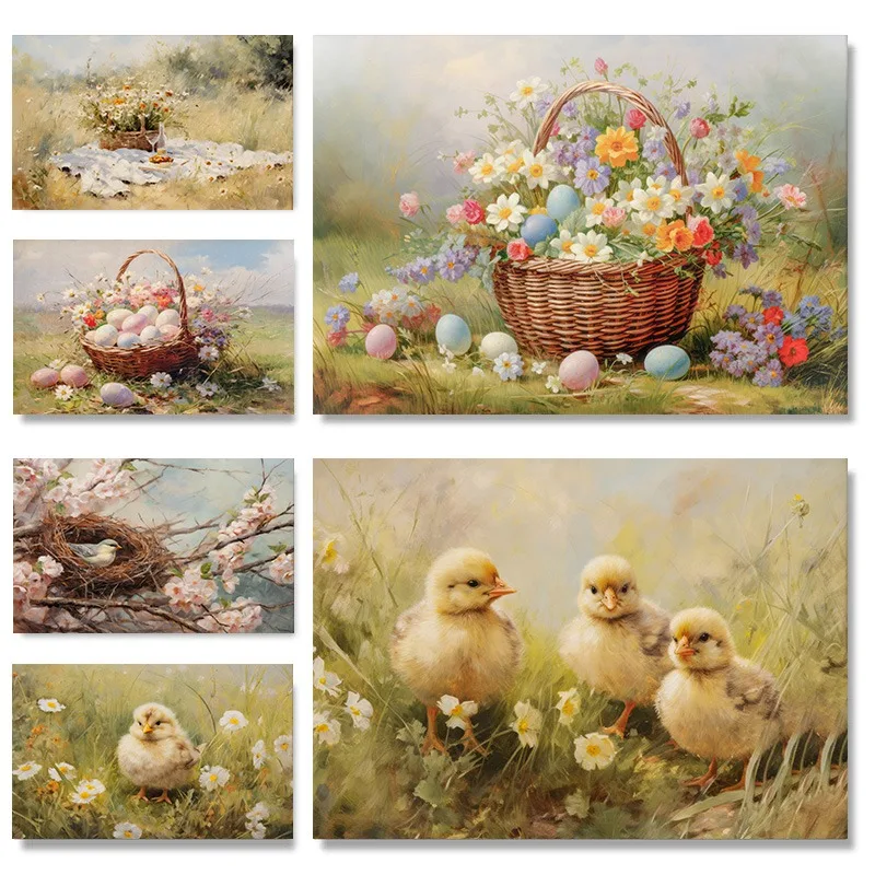 Spring Baby Chick Wildflower Field Duck Egg Floral Bird Cherry Poster Print Wall Art Pictures Canvas Painting Room Home Decor