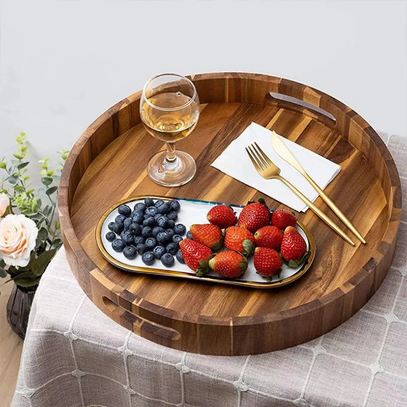 

Multifunctional Wooden Round Household Storage Tray, Acacia Round Tray, Wooden Dinner Tray, Tray with Handle