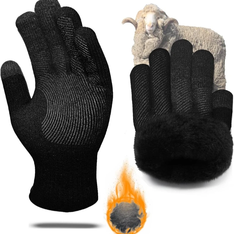 Guantes de invierno para hombre y mujer, lana merina térmica, pantalla táctil de 6 dedos, forro polar cálido para Navidad