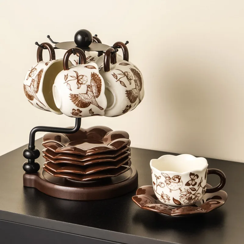 Rural Flower Pastoral Style Light Luxury Retro 6-Piece Coffee Cup Saucer Set with Storage Rack and Umbrella High-End Ceramic