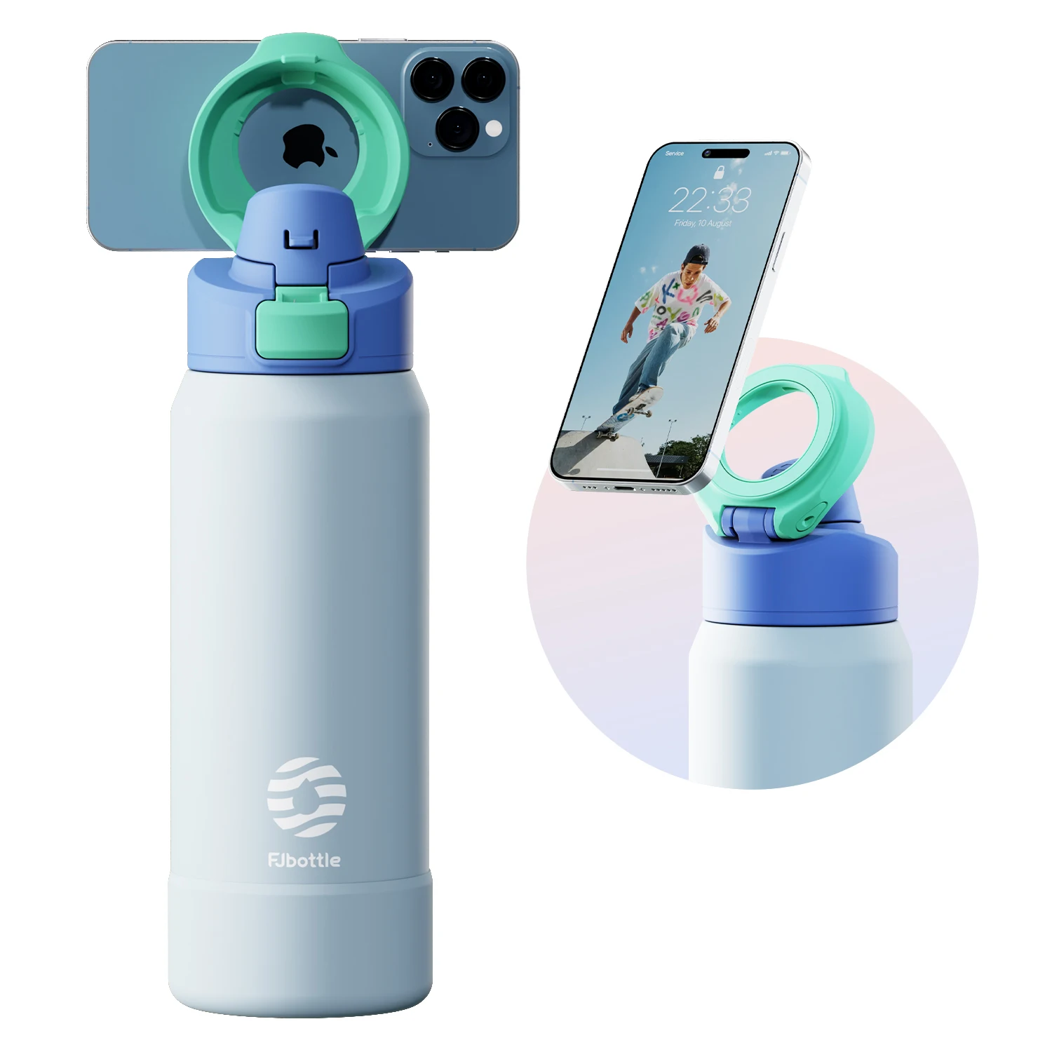 Fjbottle Magnetische Thermosfles van RVS Sportwaterfles met Magnetische Telefoonhouder en Isolatiebeker met Afneembaar Deksel
