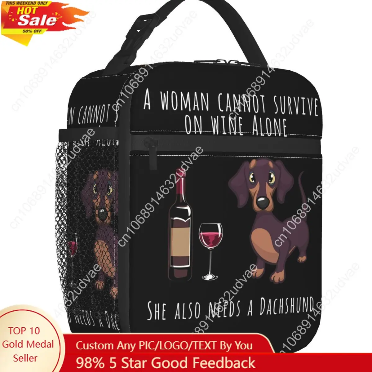 

Custom Dachshund And Wine Funny Dog Lunch Bag Women Thermal Cooler Insulated Lunch Boxes for Children School