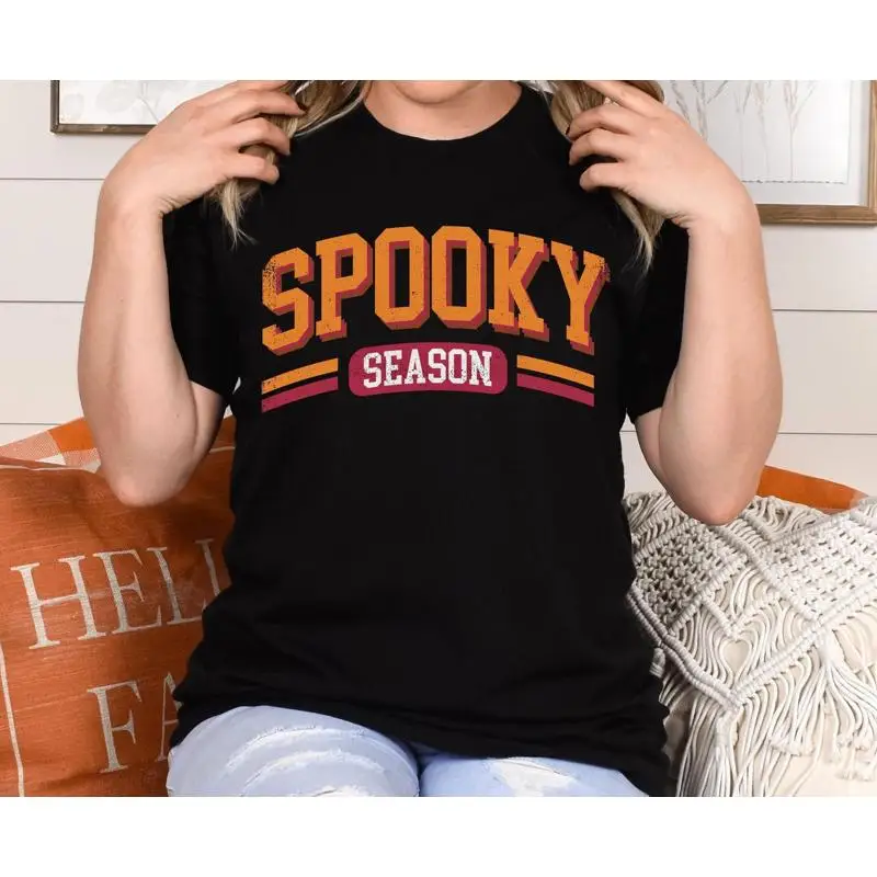 

Spooky Season Varsity T Shirt Halloween Distressed Fall Vibes