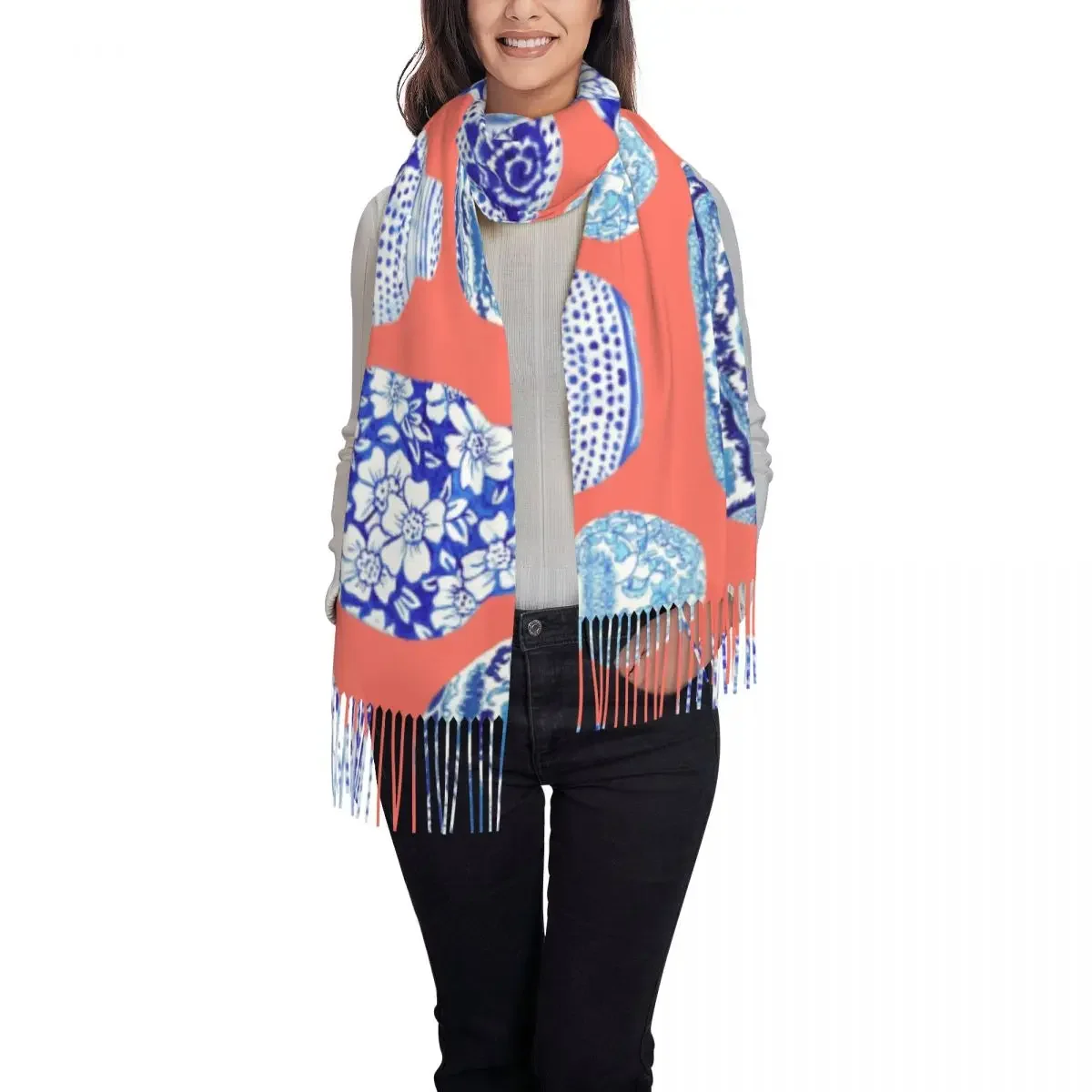 Printed Chinoiserie Ginger Jar In Neon Peach Coral Scarf Men Women Winter Fall Warm Scarves Delft Tiles Shawls Wraps