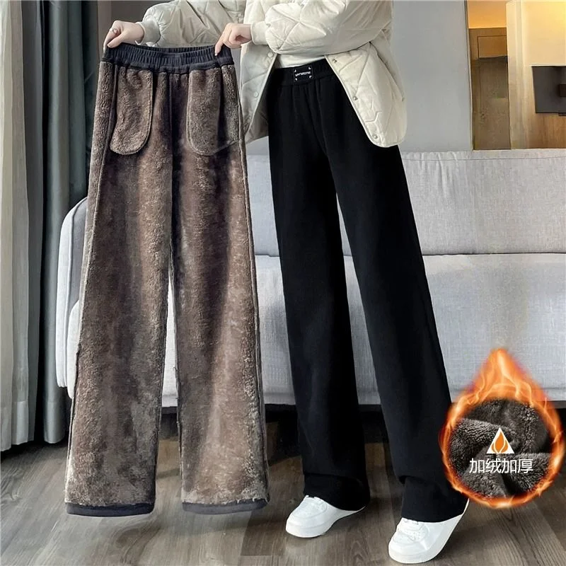 Pantalones rectos gruesos de lana de cordero para mujer, Pantalones informales elásticos de cintura alta, forro polar, pierna ancha, elegantes y
