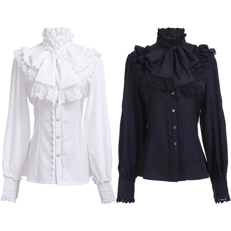 

Women's Gothic Shirt Lolita Medieval Pleated Lace Bow Long Sleeve Top Victorian Vintage Casual Renaissance Party Slim Fit Shirt