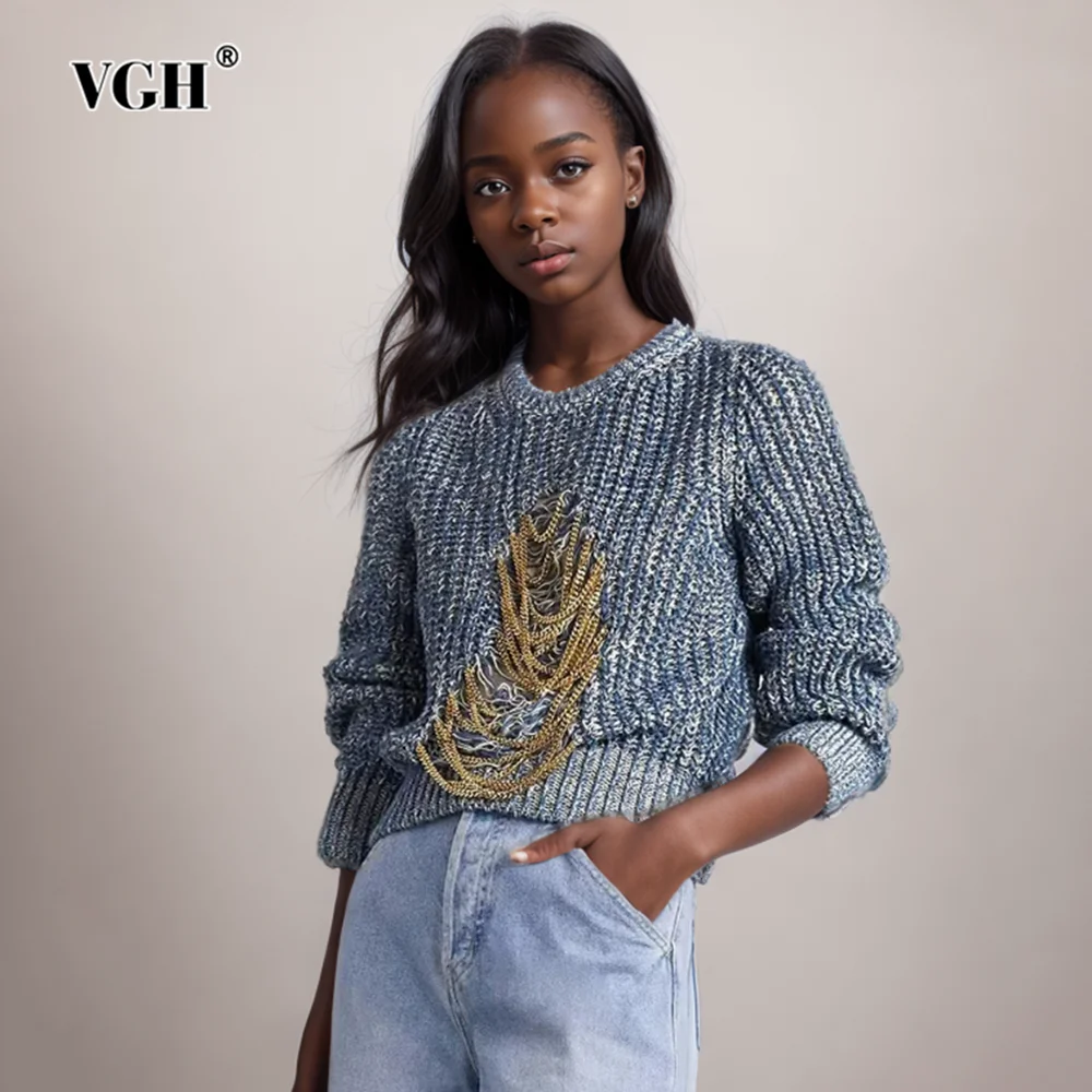 

VGH Soild Patchwork Chains Casual Sweater For Women Round Nack Long Sleeve Hollow Out Slimming Sweaters Female Fashion Style New