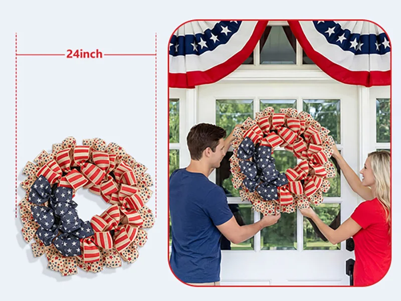 

Handmade Memorial Day Wreath, July 4Th Decoration, Patriotic Wreath, Patriotic Independence Day Wreath Decoration, Red, White, and Blue Star and Stripe Pattern Bow Front Door Decoration, Suitable for Indoor and Outdoor Use, Door Wall Home Decoration Gift