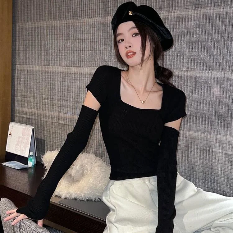 

Detachable Sleeve Knitted Sweater Women Female Spring Aesthetics Vertical Lace-Up Openwork Mesh Crocheted Lettuce Edge Foldover