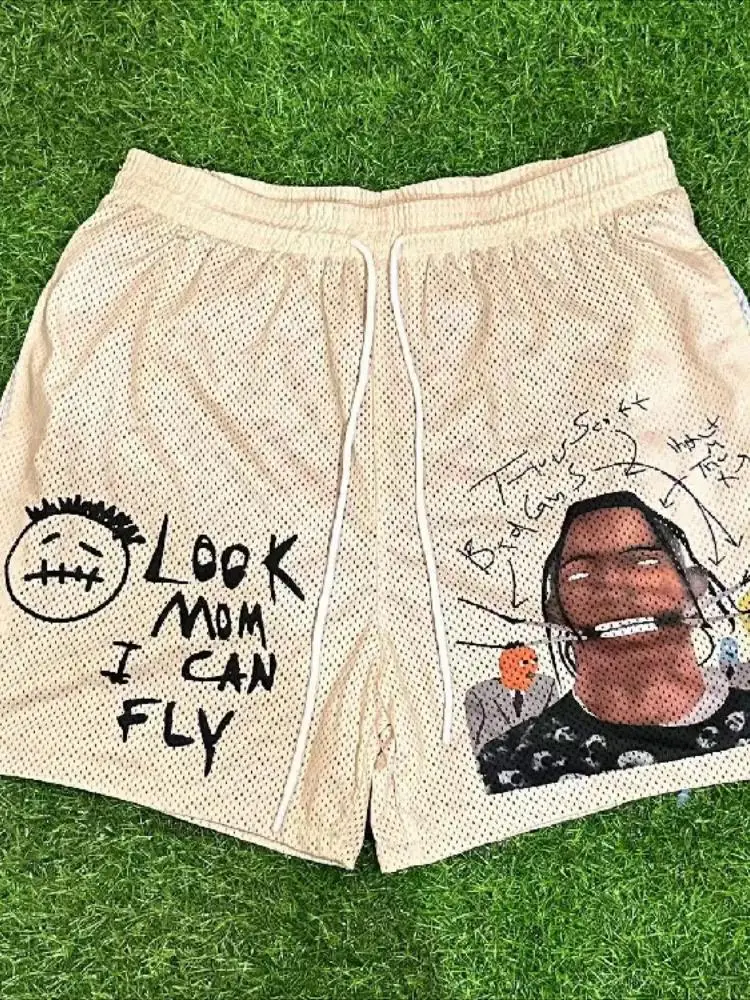 

Американский модный бренд граффити, двухслойные повседневные свободные шорты с принтом лица, летние баскетбольные спортивные брюки четверти, не меньше.