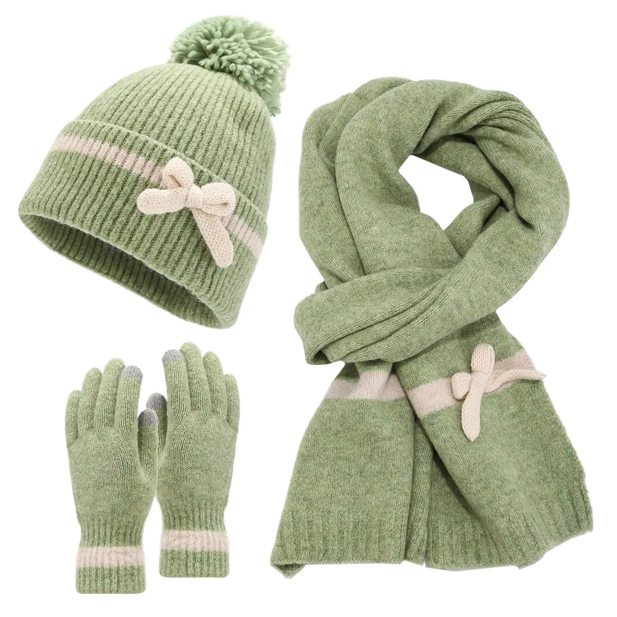 

Women Bow Hat Scarf Gloves 3pcs Set Ladies Outdoor Warmer Scarf Hat Winter Women's Plush Pompom Beanie Cap Gloves Set