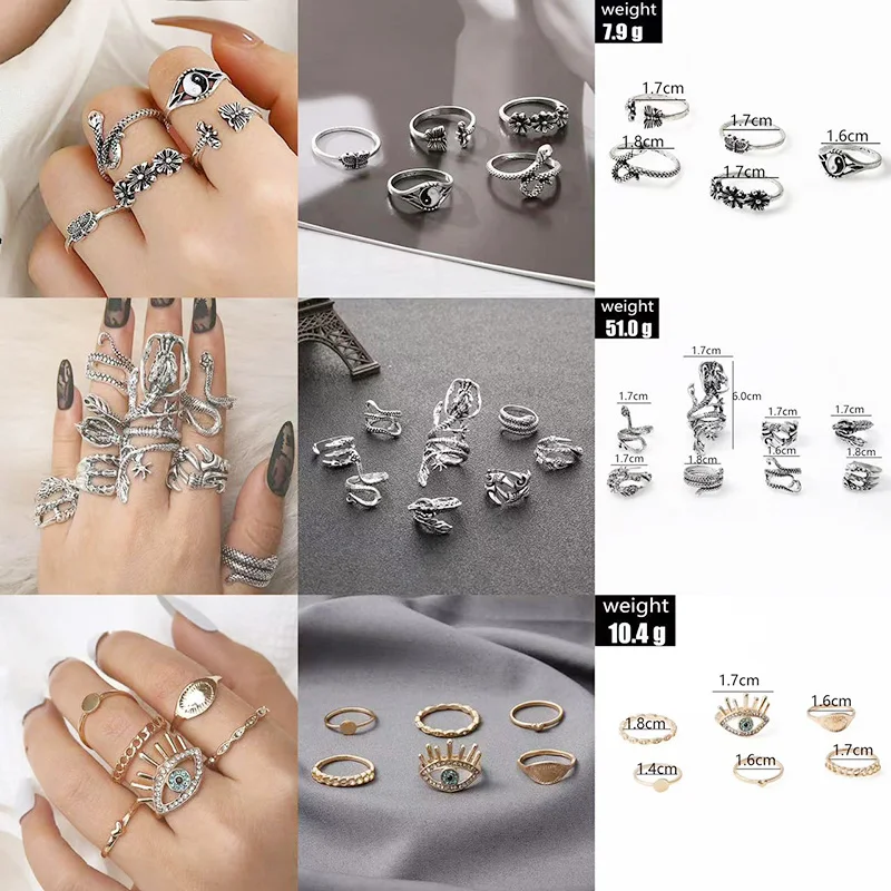 

Vintage Leaf Pearl Star Flower Butterfly Charm Open Ring Fashion Hollow Pearl Crystal Zircon Snake Set Ring Jewelry for Women