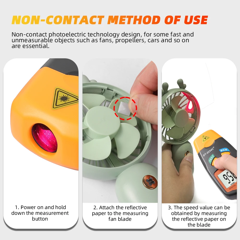 Digital Laser Tachometer Non Contact Electronic Photo Tachometers 2.5-999.9 RPM Tach Meter DT-2234C+With Reflecting Tape Marks