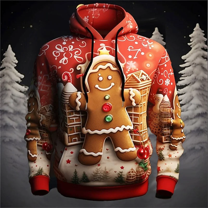 New 3D Merry Christmas Gingerbread Man Printing Hoodies For Men Santa Claus Graphic Hooded Sweatshirts Winter Hoodie Pullovers