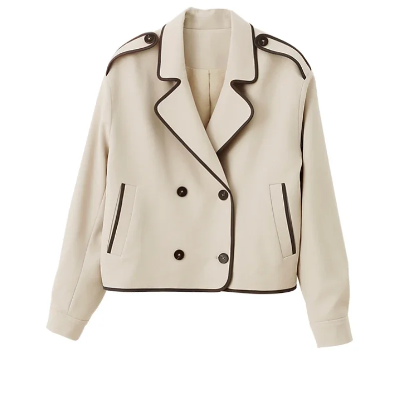 VIMLY Cropped Apricot Jackets Women 2025 Autumn England Style Contrast Notched Long Sleeve Coat Loose Button Female Jacket M2820