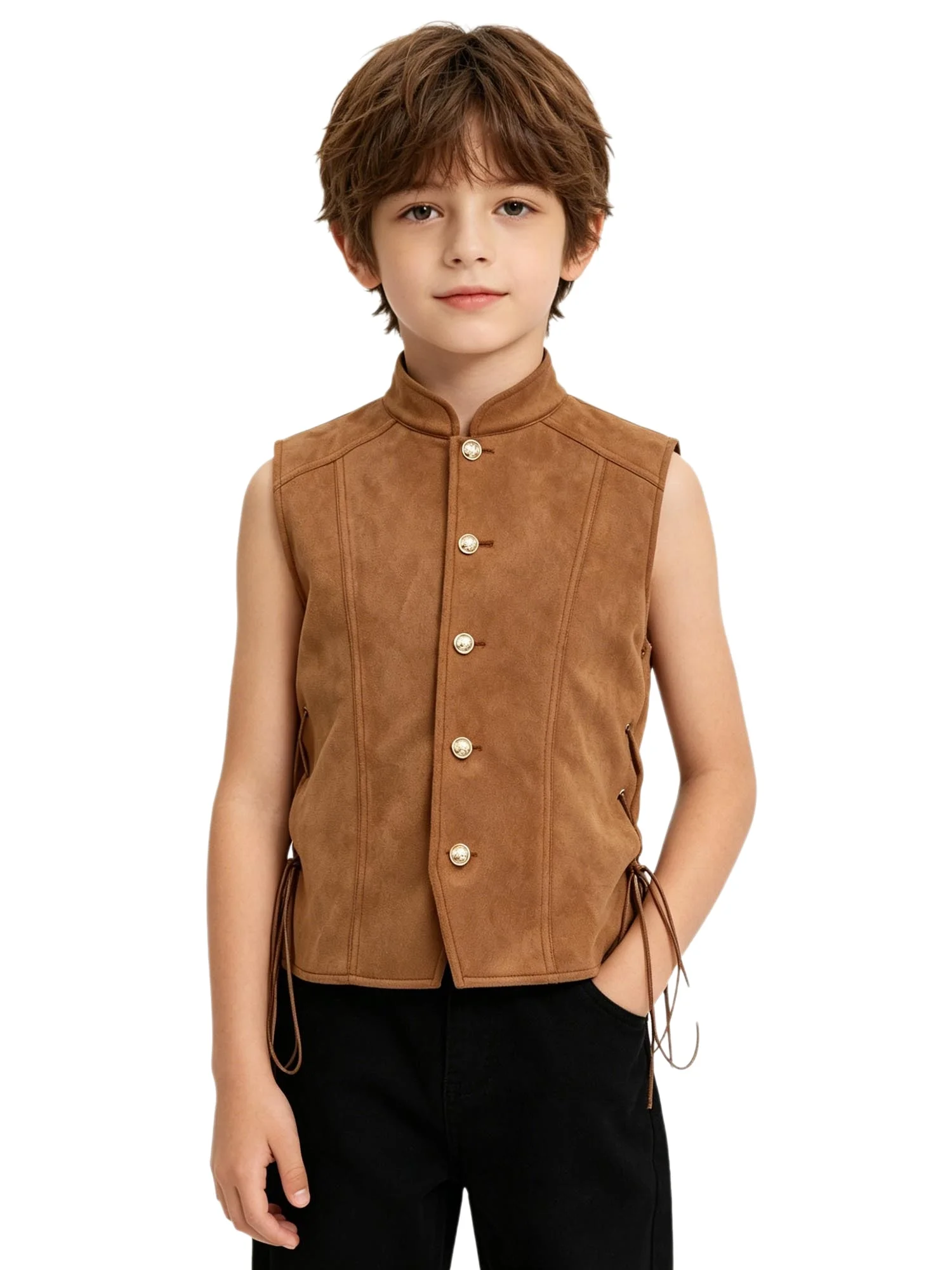 

Boys Pirate Dress Up Waistcoat Stand Collar Buttons Closure Sides Tie Up Design Renaissance Costume for Halloween Cosplay
