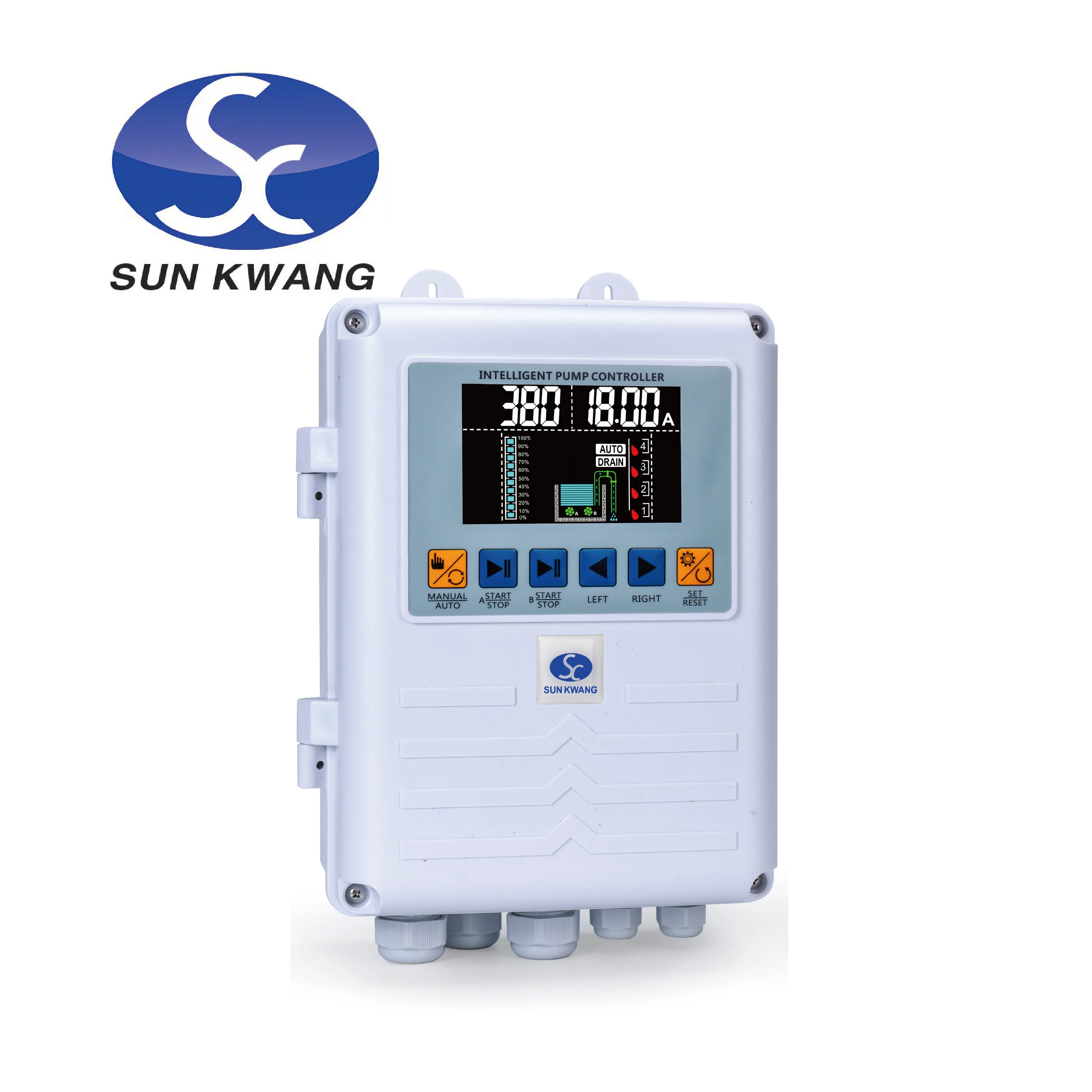 

SK-002 Series Mini-Sized Intelligent Dual Pump Controller Ground Fault Protection LCD Color Display IP65 PLC Sewage Lifting