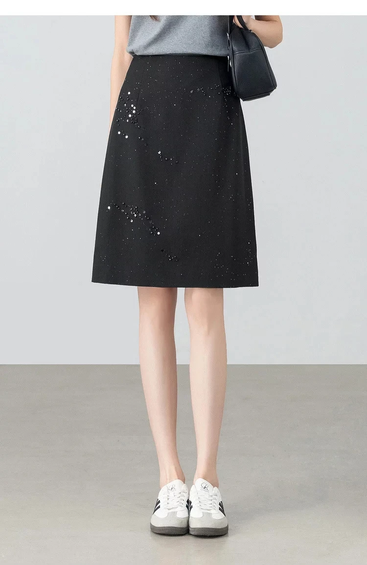 SENTUBILA Damen Schwarzer Gerader Rock 2026 Sommer Eleganter Modischer Perlenstickerei Silber Schimmernder Büro-Rock 162QF6640 – Detail 23