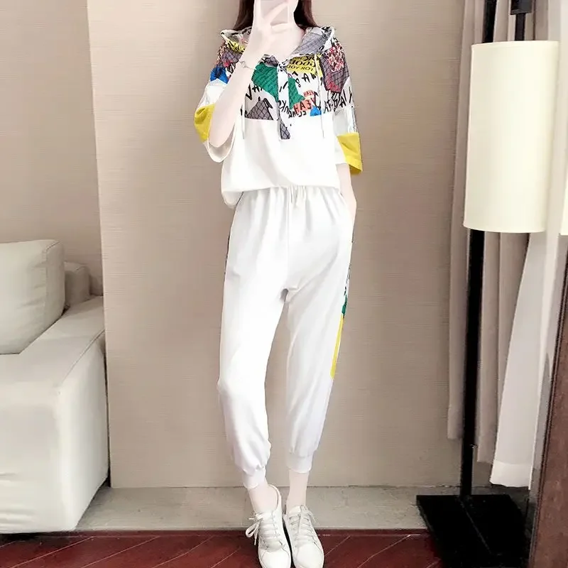 

Womens Suit Fashion Suit Loose Sports Short Sleeve Hoodies Cropped Trousers Two Piece Set Hooded T Shirt Kawaii Clothes Summer