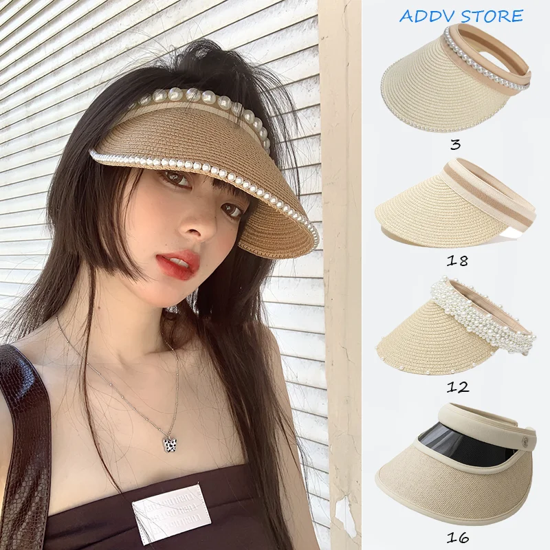 

Topless Sun Hat with Fashionable Pearl and Straw Weave, Perfect for Women's Summer Fashion