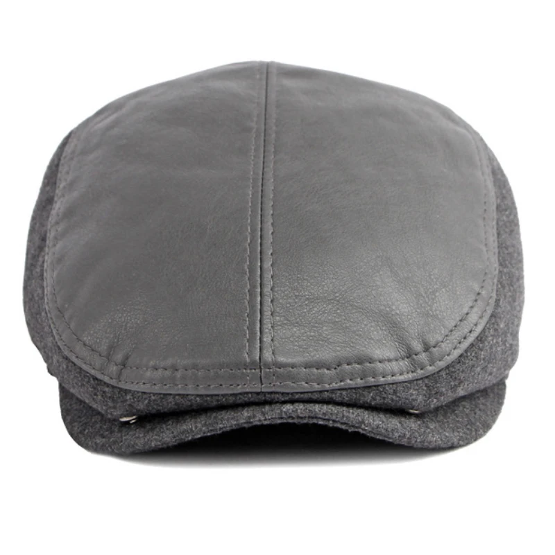 

MZ4113 High Quality Autumn Winter Wool Hat Flat Cap for Men Elder Man Earflap Cap PU Leather Beret Hat Male Thick Warm Beret Cap