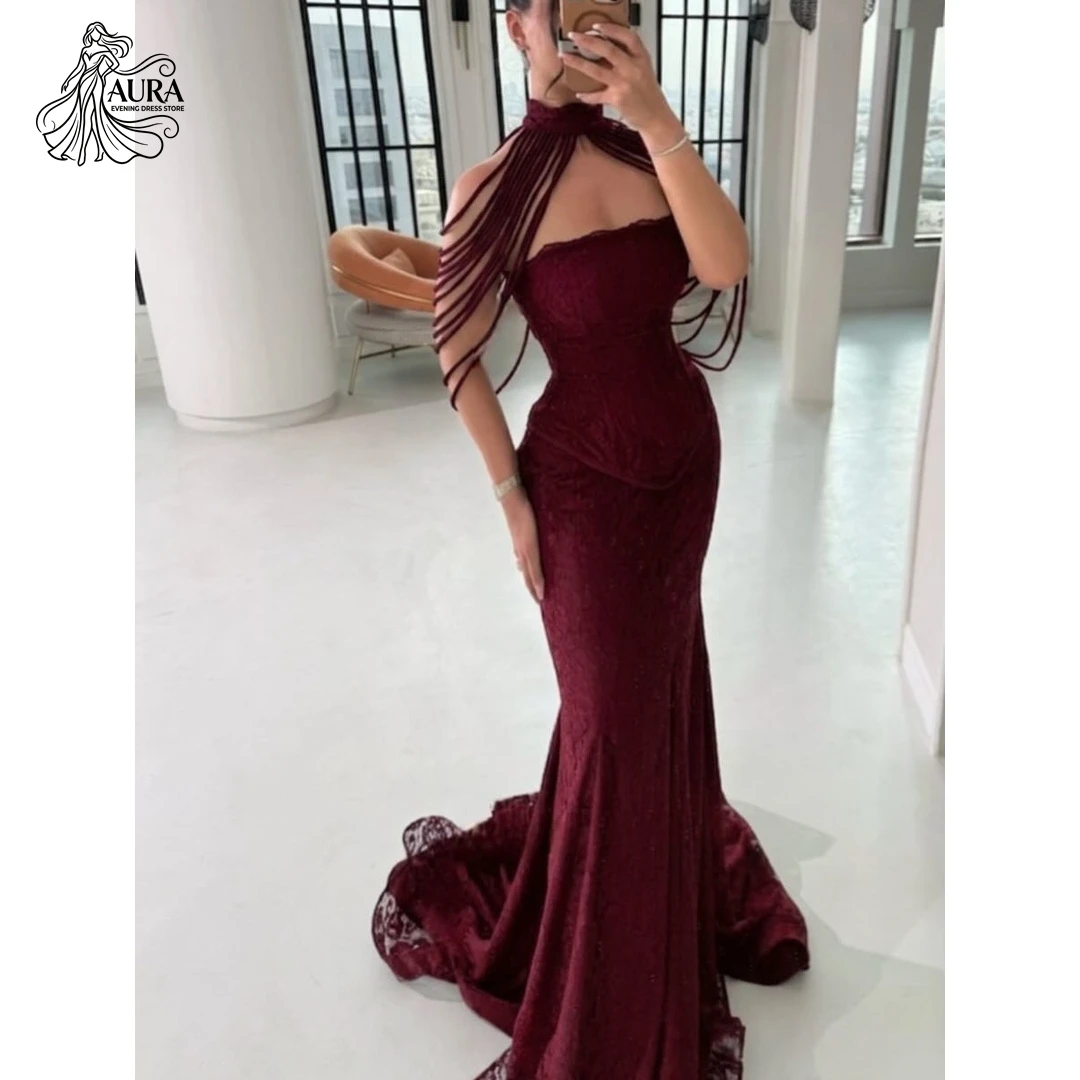 

Aura Luxury Elegant Party Dresses 2026 Customized Women's Prom Dress Burgundy Fishtail Skirt Lace Embroidery Ball Gown Evening