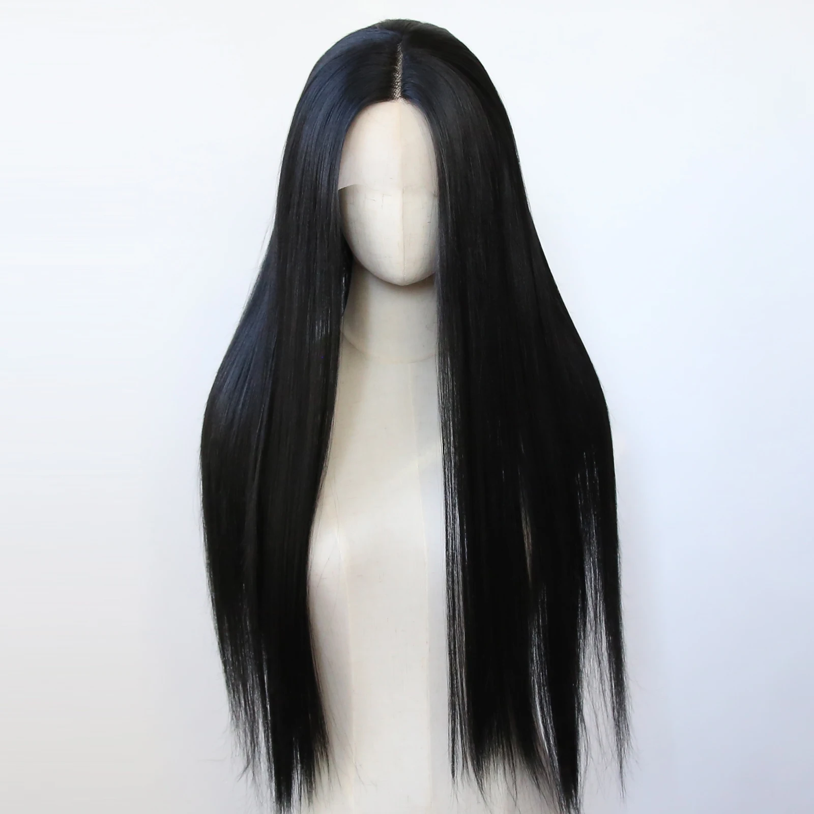 Yaki Straight Black Synthetic Lace Front Wig Long Kinky Straight Jet Black Synthetic Wig Pre Plucked Heat Resistant Hair Wig