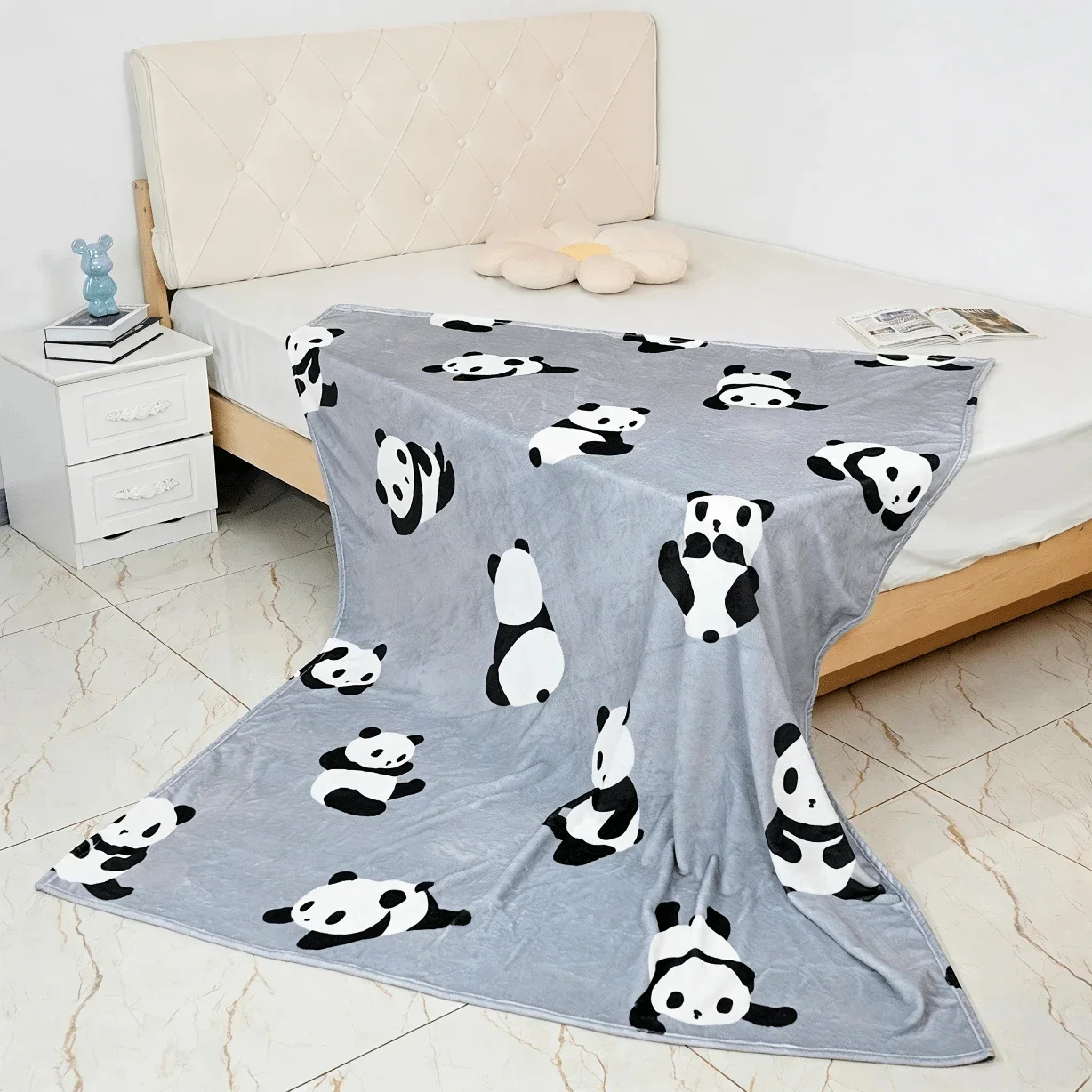 1Pc Cute Panda Flannel Blanket Single Sided 2D Print Playful Soft Throw Cozy Vibe Gift