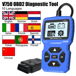 Multi-language Code Reader OBD2 Scanner Read Vehicle Information Car Diagnostic Tool Battery Tester Check Engine System V750