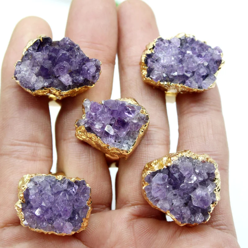 2 Pcs New Natural Stone Iirregular Amethyst Crystal Bud Ring Reiki Treatment Druzy Ring Suitable for Women Men Make Holiday Gift