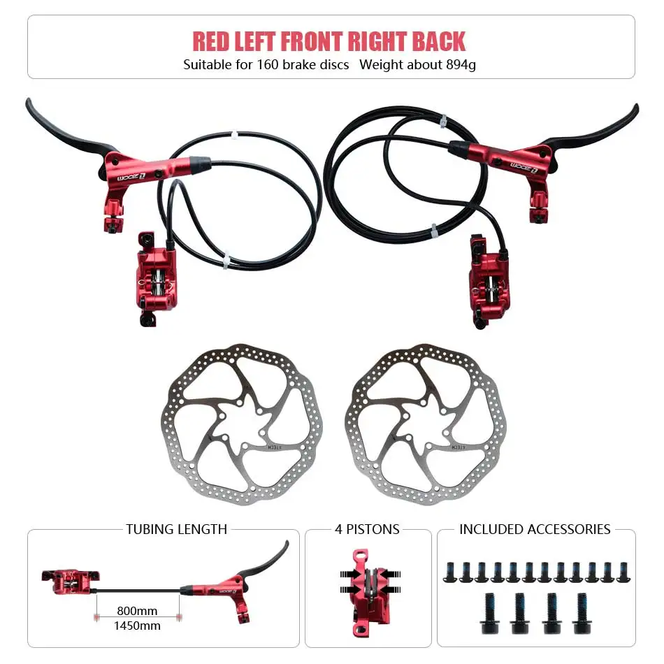 ZOOM HB-876 4-Kolben-Klapp-Mountainbike-Scheiben-Hydraulikbremsen-Set vorne 800 hinten 1400 mm MTB-Fahrradkrämpfe rot Fahrradteile