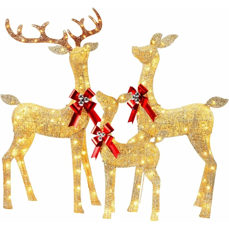 Pre-lit 3D Christmas Reindeer Family, Glitter Christmas Deer Family Holiday Decoration with Warm White LED Lights (3D Family)