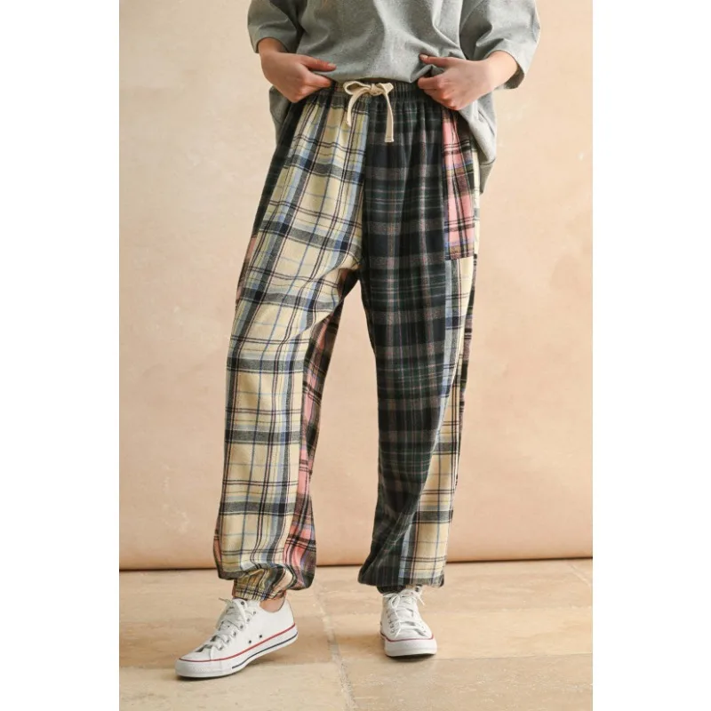 

Women's 2025 Autumn New Casual Contrasting Color Stitching Drawstring Plaid Leg Casual Pants