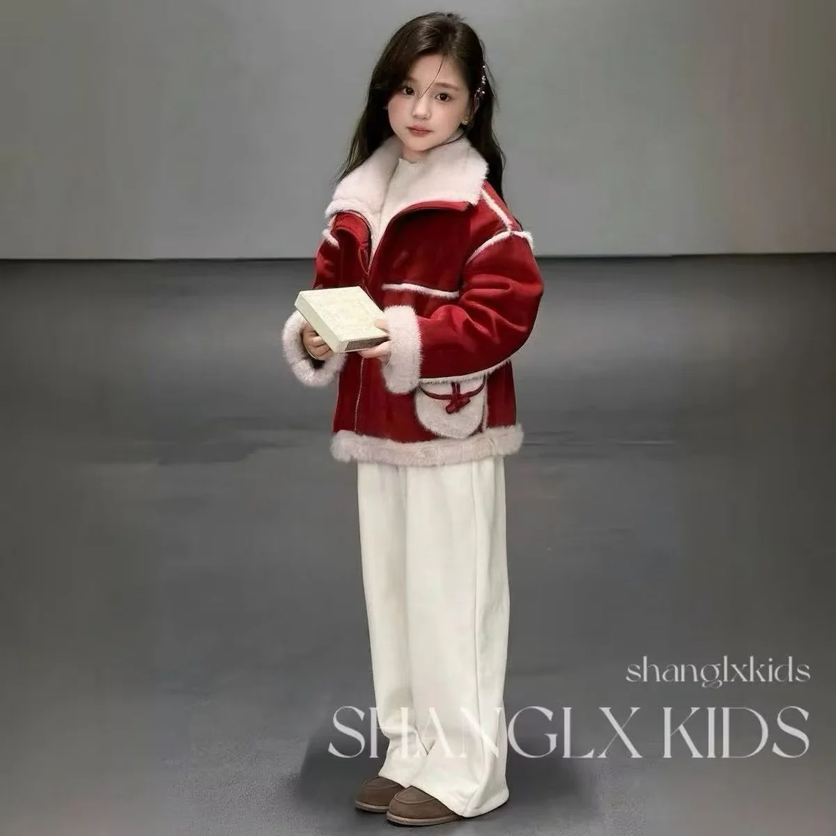 2026 New Fashion Girls Winter Warm Coat Kids Sweet Red Thick Fleece Lined Turn-Down Collar Jacket Children Outerwear