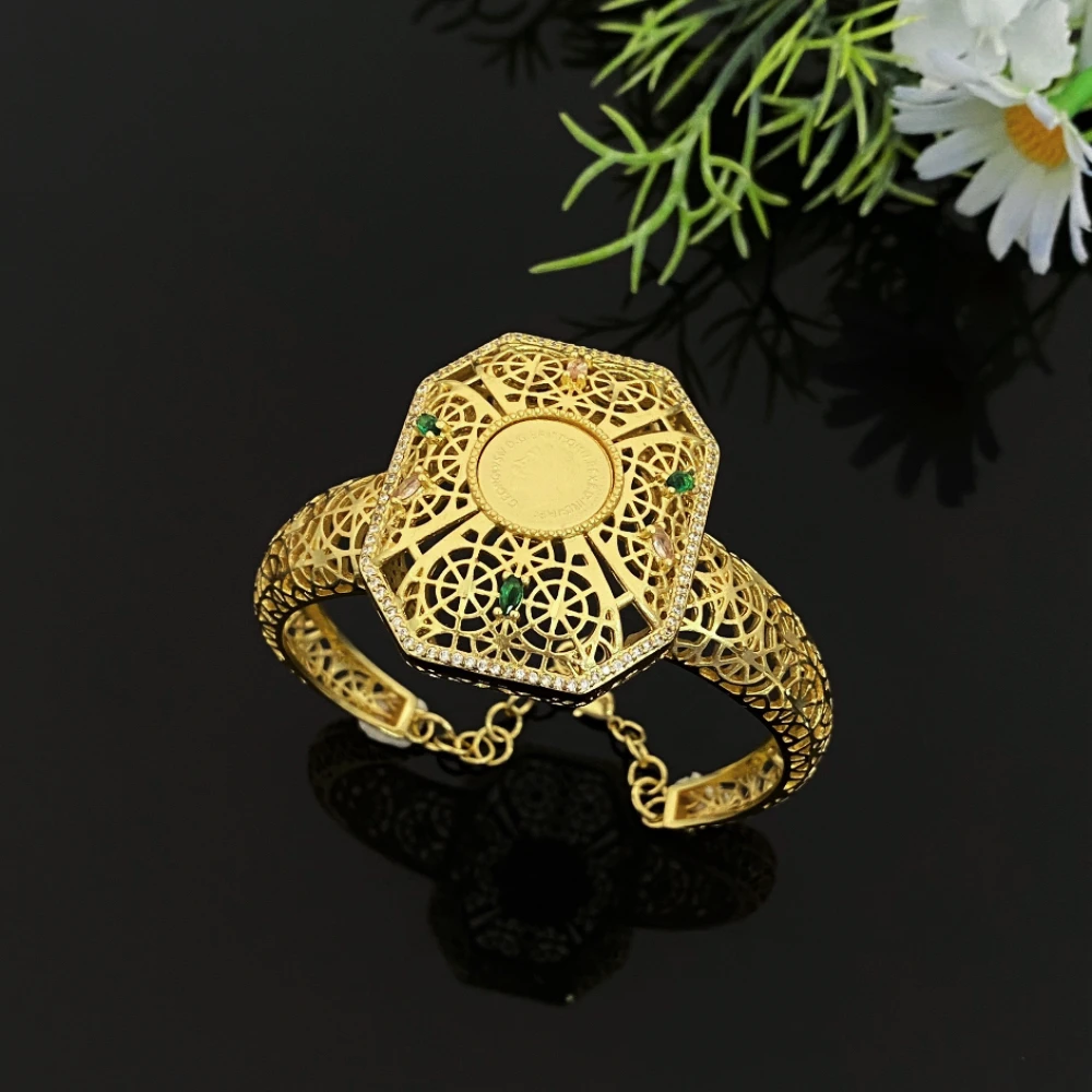 

JRH Gold Plated Copper Geometric Zircon Jewelry Set for Women Dubai Saudi Arabia Style Party Earrings Necklace Bracelet Ring