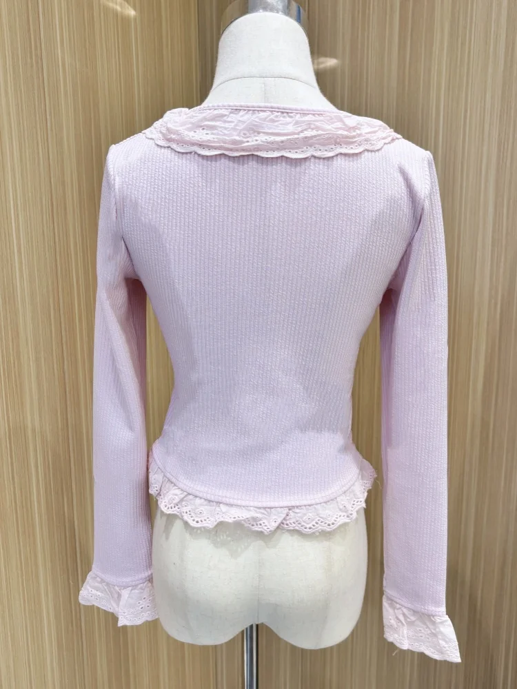 Winter Kawaii Lolita Blouse Women Lace Knit Korean Elegant Blouse Female Long Sleeve Japanese Casual Designer Tops 2024 New