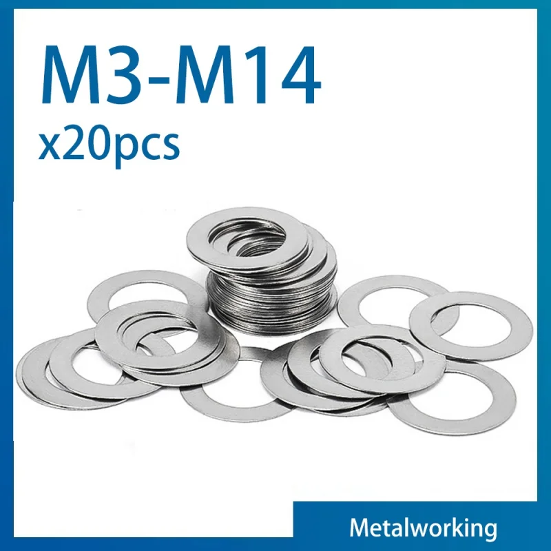 20pcs/lot 304 Stainless Steel Ultra Thin Flat Washer M3 M4 M5 M6 M8 M10 M12 M14 Adjusting Shim Plain Gasket 0.1/ 0.2/ 0.3mm