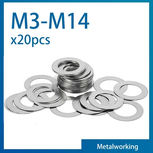 Imagen 1 del producto 20 unids/lote 304 arandela plana ultrafina de acero inoxidable M3 M4 M5 M6 M8 M10 M12 M14 junta plana de cuña de ajuste 0,1/ 0,2/ 0,3mm