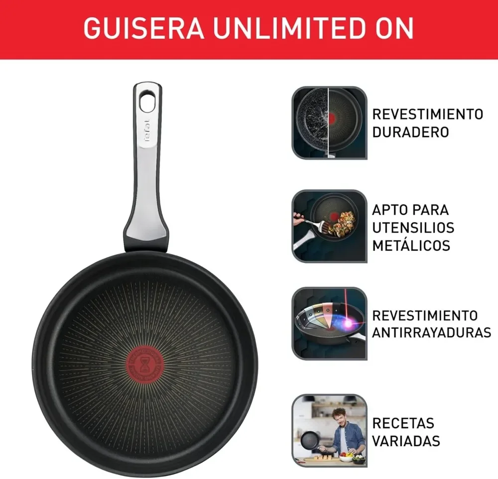 تيفال غير محدود - Sartén alta de 24 cm con revestimiento resistente، إشارة حرارية، apta para gas، vitroceramka، eléctricas