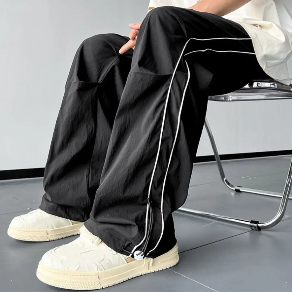 

Casual Drawstring Wide Leg Sweatpants Stripe Baggy Loose Cargo Pants Oversized High Waisted Male Joggers Trousers Boys