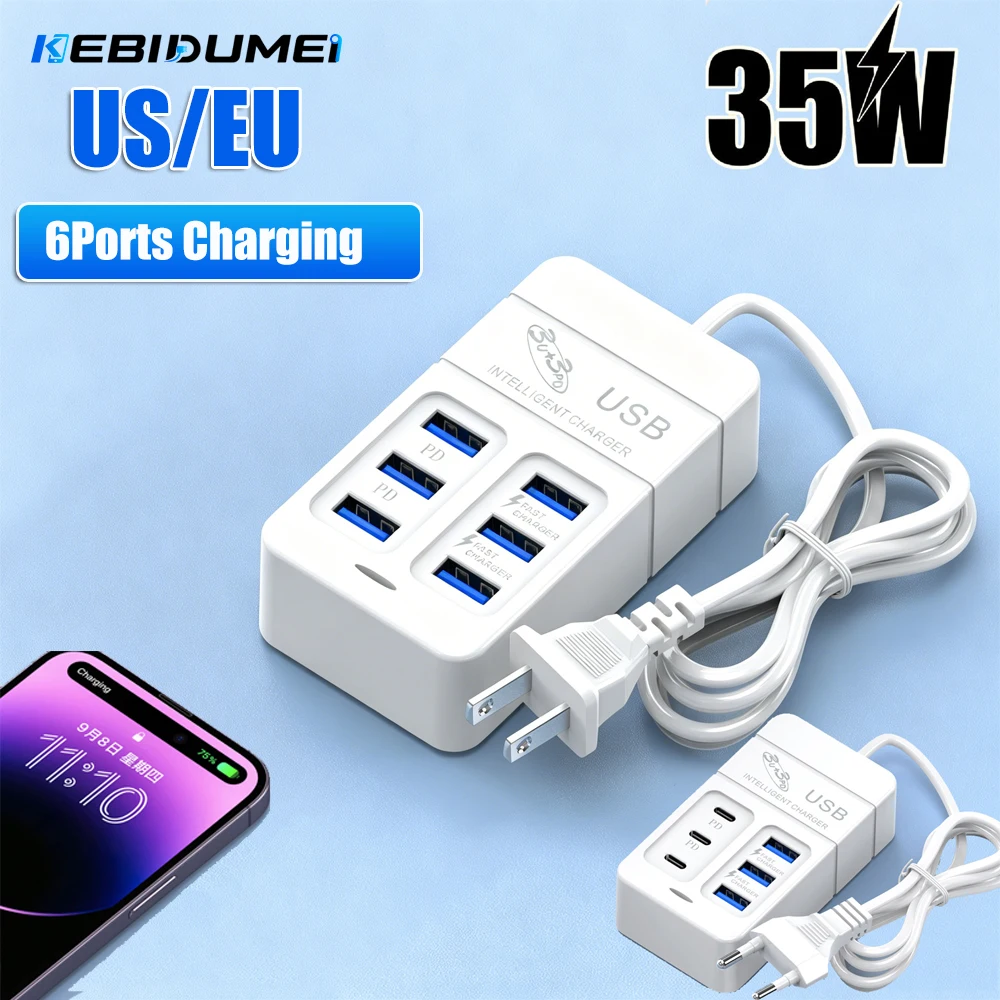 KEBIDUMEI 6-portowa stacja dokująca USB z 6 portami, 35W PD Type-C, szybka ładowarka do telefonów komórkowych, adapter Hub Type-C, wtyczka EU/US