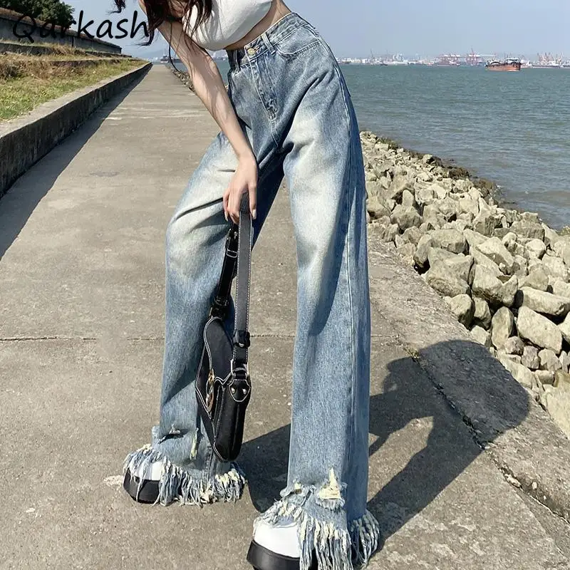 

Frayed Jeans Women Fashion Tassel Simple Leisure All-match Female Korean Style Vintage Streetwear Designer Chic Students Ins