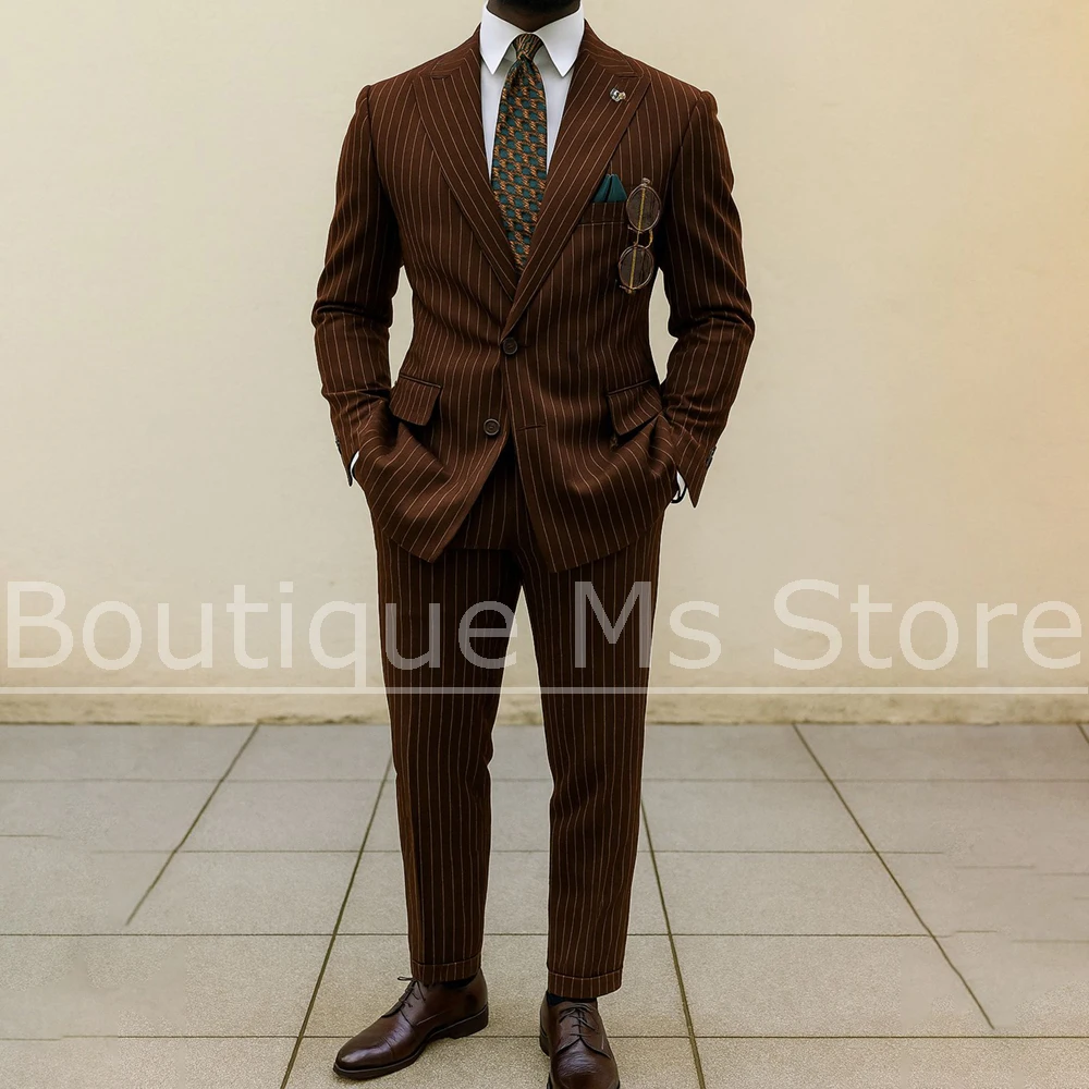 

Мужской коричневый костюм в тонкую полоску, однобортный пиджак с брюками, шикарный деловой повседневный костюм, офисный повседневный мужской костюм, комплект из 2 предметов