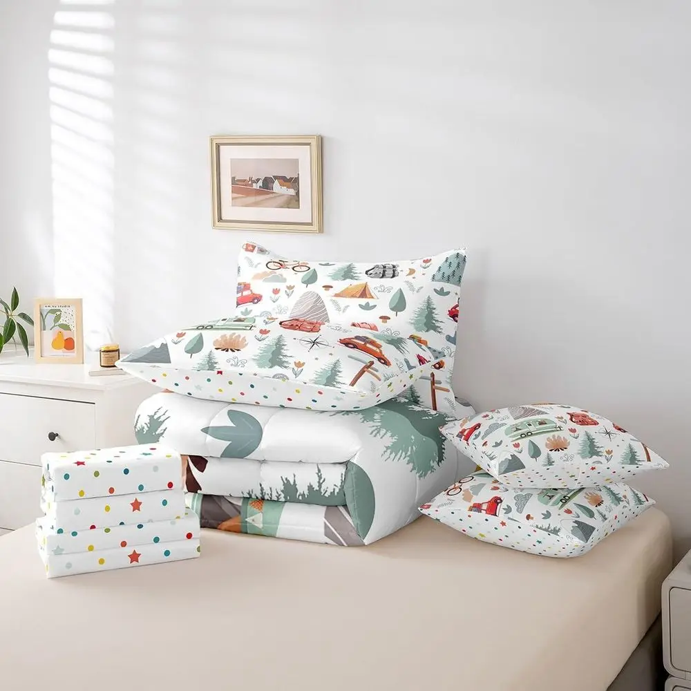 Twin Size Happy Camping Comforter Set with 7 Pieces, Botanical Flowers & Mountain Adventure Theme, Perfect for Travel and RV Use