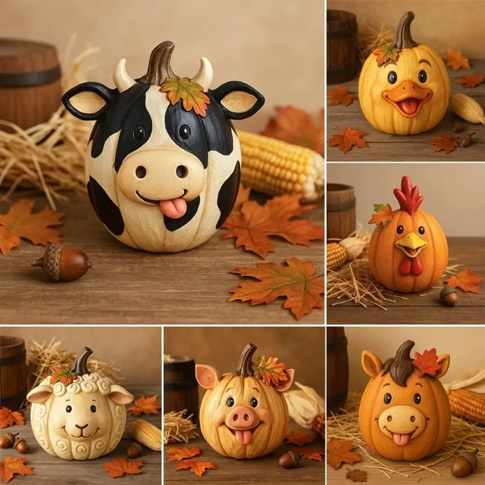 Linda Estatua de Resina de Animal de Granja con Calabaza, Adorno de Escritorio Estilo Rústico, Decoración Creativa para la Cosecha y Halloween, Regalo de Arte y Artesanía