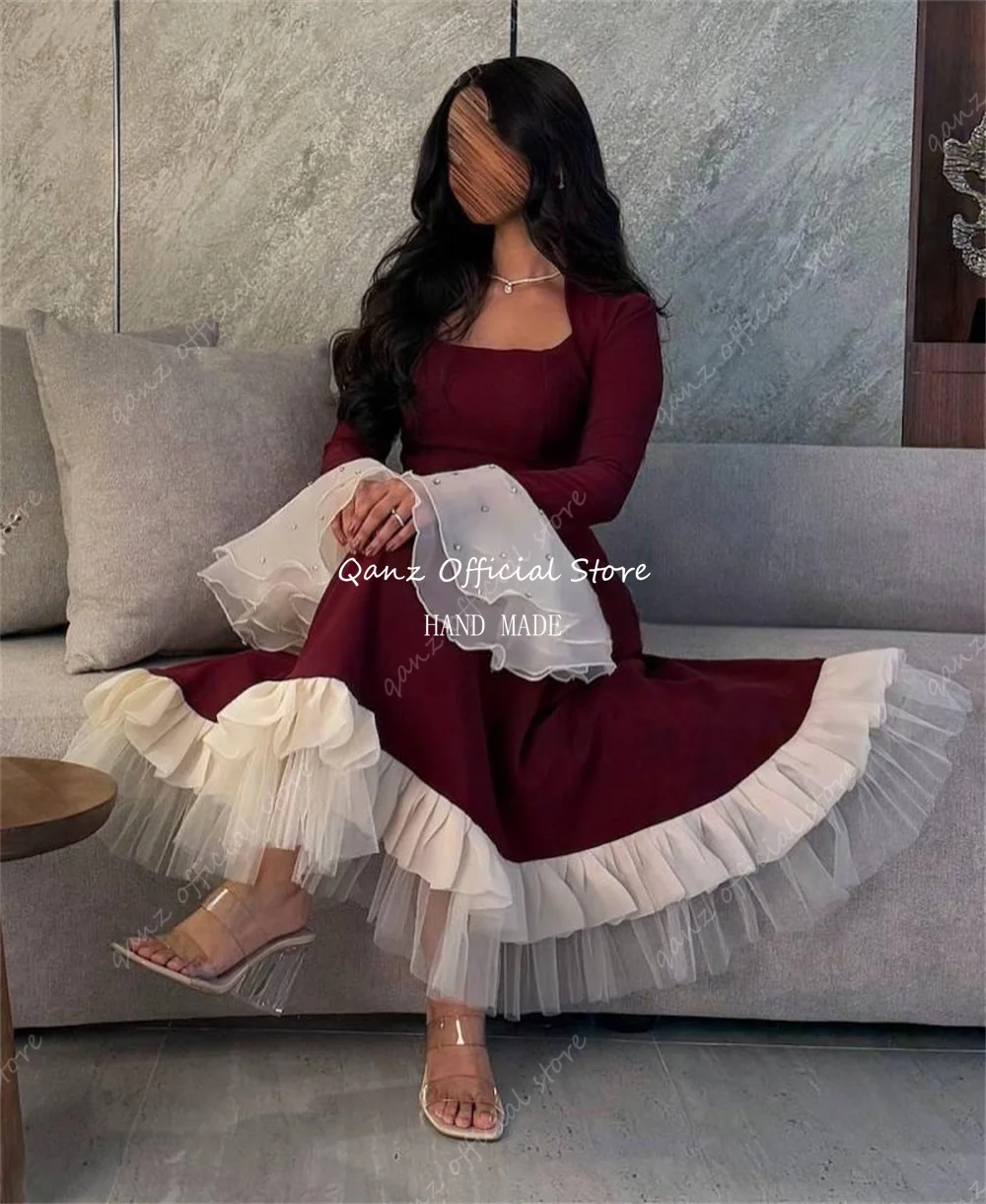 Qanz Dubai  Short Crepe Evening Dresses with Ruffles A-Line Long Sleeves Tea Length Wedding Guest Dress for Women Customized